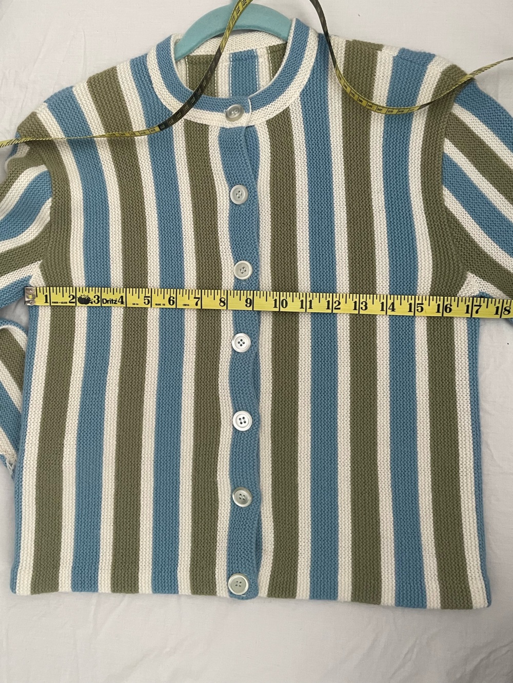 Vintage 60s Striped Crewneck Sweater Cardigan - Blue, Avocado Green & Cream - Picture 3 of 8